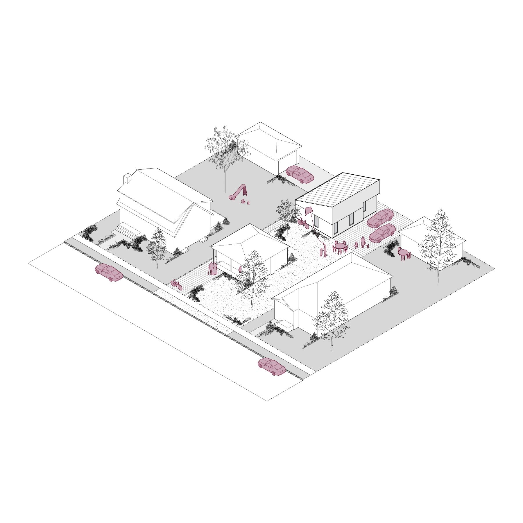 A 3D line rendering of the unit ADU 01, approximately 786 square feet in size. The image highlights its single-storey design, blending seamlessly into a neighbourhood setting with nearby homes.